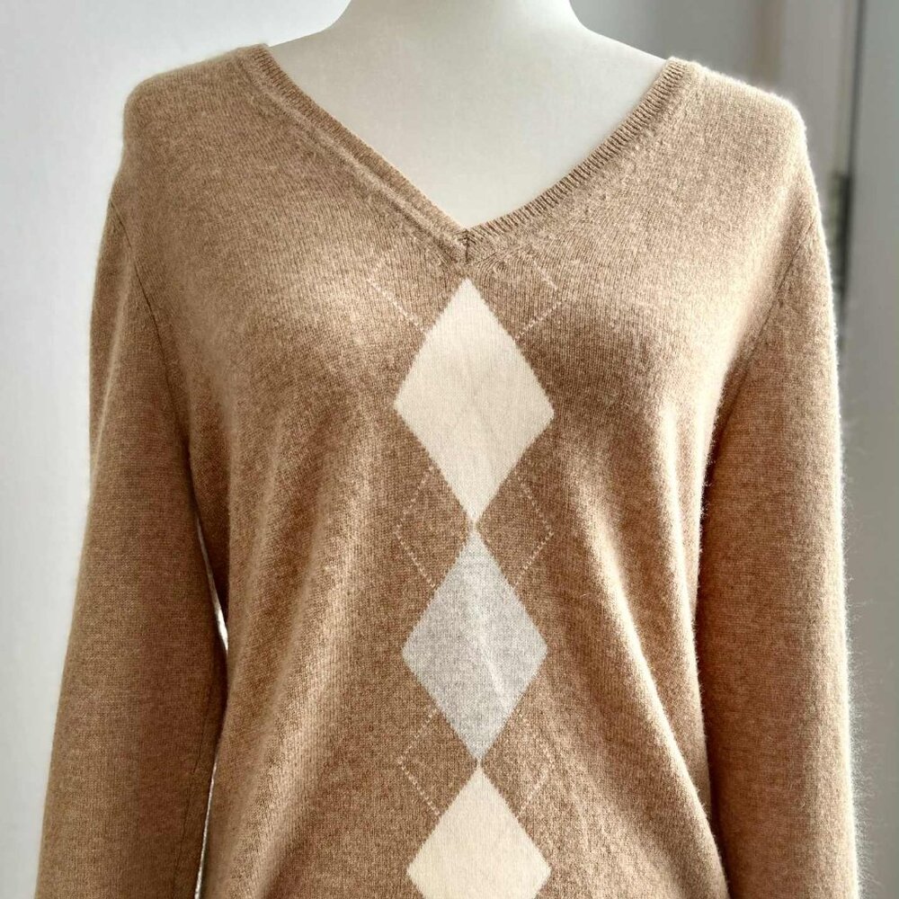 Lord & Taylor Camel Pure Cashmere Argyle V-Neck Sweater w/Tonal Diamonds – US XL